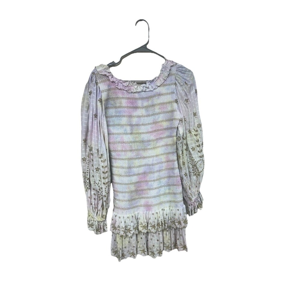 LoveShackFancy Celia Mini Dress Pastel Tie Dye Smocked Embroidered Ruffle Sz M - Picture 6 of 8